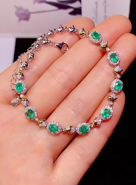 纯天然哥伦比亚祖母绿手链高品高净度满火彩s925纯银镶嵌