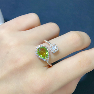 银镀18K金镶嵌天然绿碧玺戒指经典戴妃款彩宝女戒手饰7*10mm