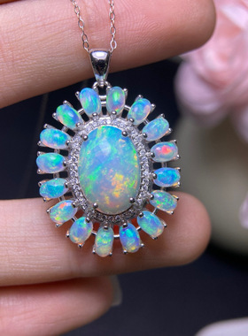 天然超美欧泊吊坠925银精工镶嵌，主石10*14、3*5mm 天然欧泊