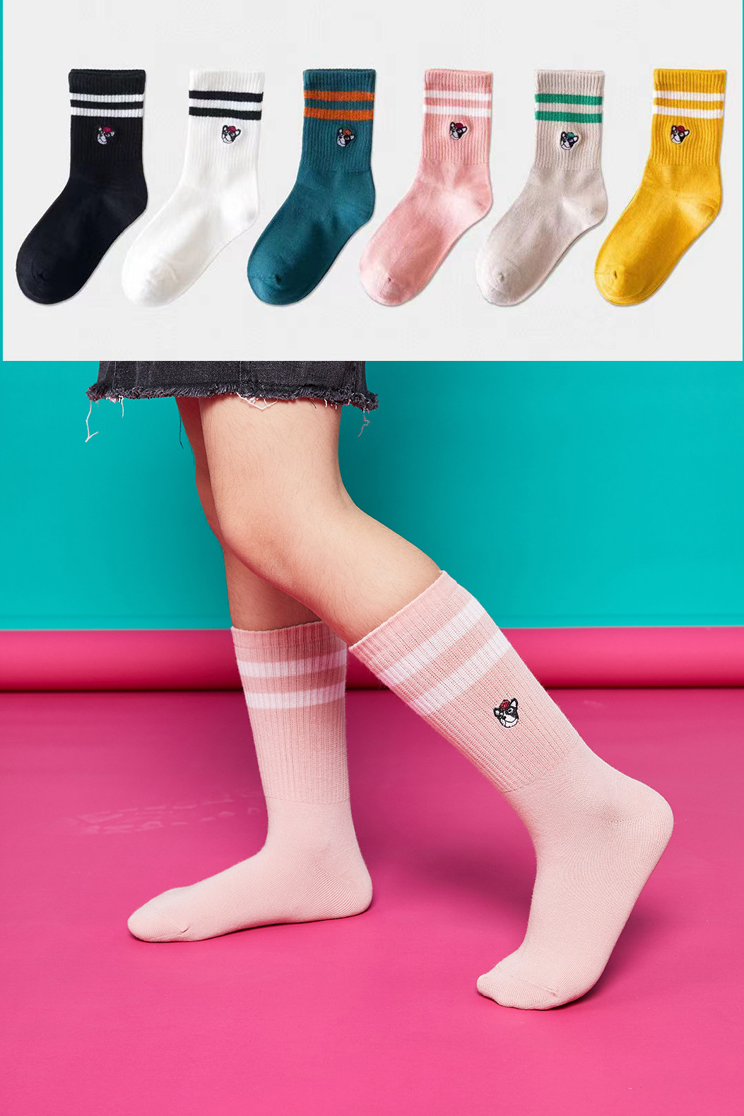 朴语童袜2223包邮秋冬中筒袜儿童袜子纯棉舒适双杠小狗刺绣无骨袜