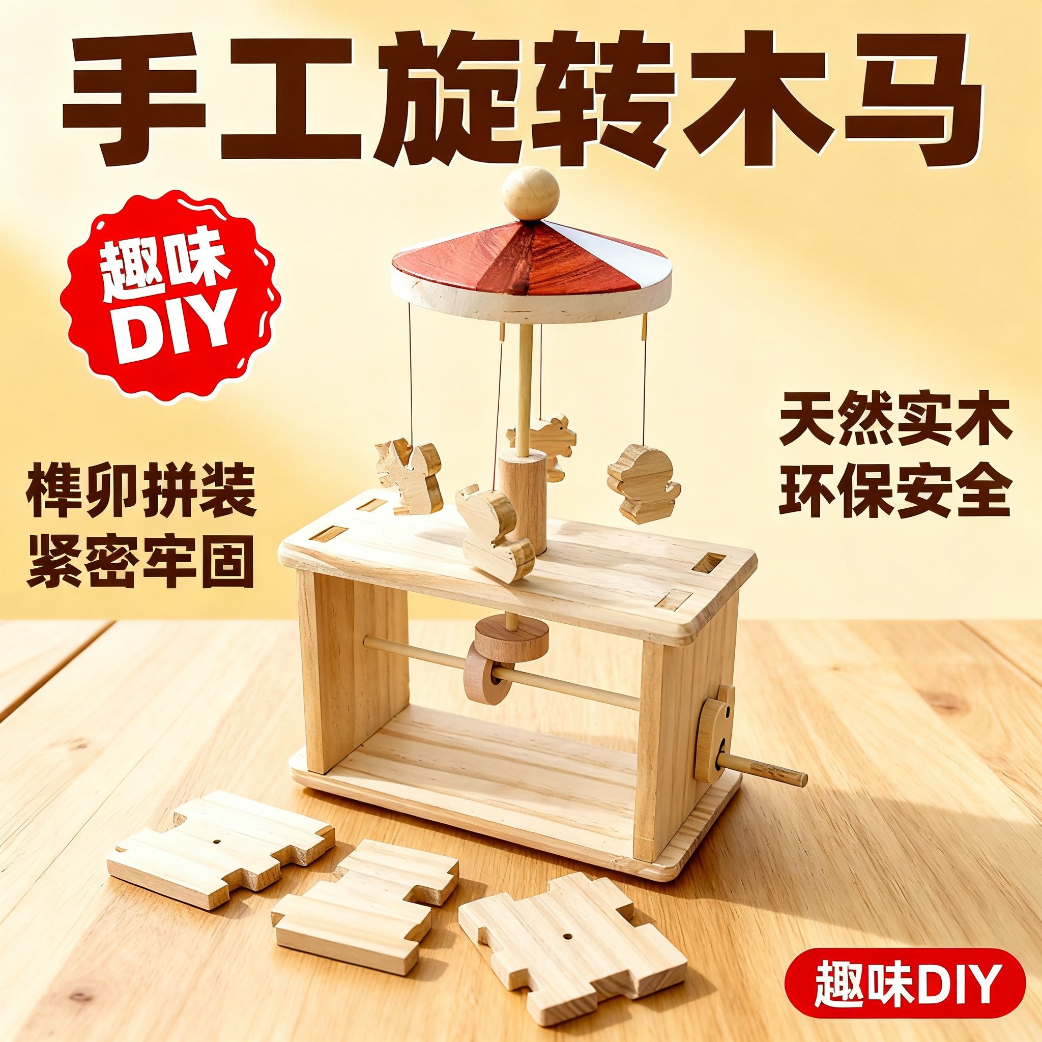 小学生科技制作旋转木马实木DIY教具材料包木质榫卯模型儿童玩具