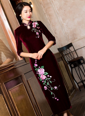 金丝绒旗袍女复古长款优雅绣花祺袍女2022新款旗袍裙女妈妈中国风