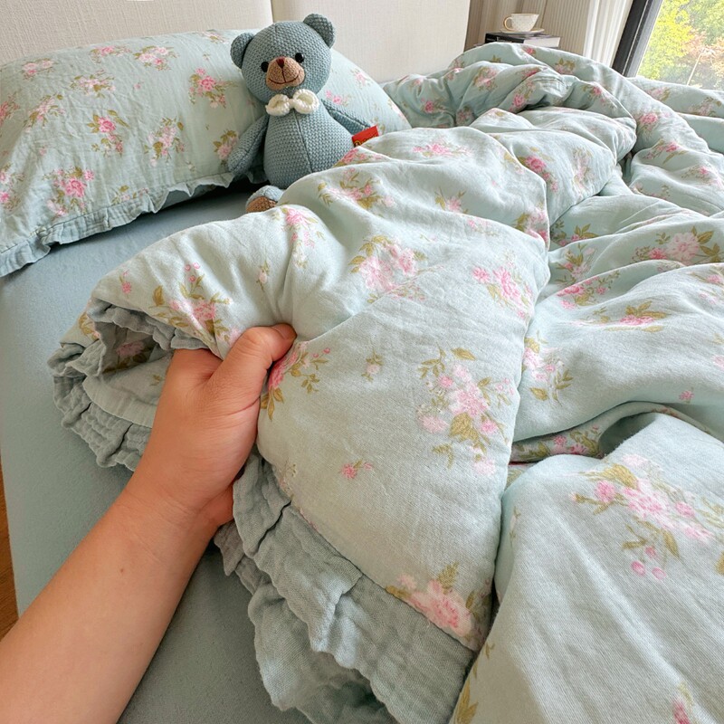 寻米A类母婴法式花边全棉单宽有氧双层纱布四件套学生宿舍三件套