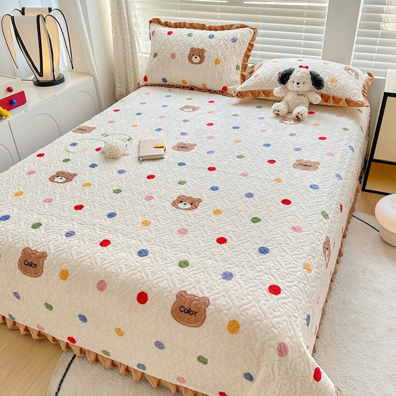 加厚牛奶绒夹棉床盖花边秋冬季可爱双人保暖绗缝印花床盖三件套,床上用品,床盖,淘宝优惠券,粉丝福利购,淘宝优惠卷