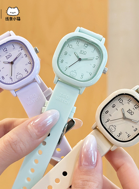 正港线条小猫绿色方形电子手表女 初中学生考试专用儿童女孩礼物