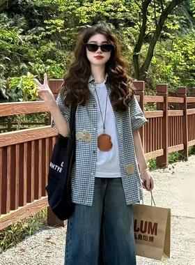 日系薄荷曼波外搭蓝色毛巾绣格纹短袖衬衫女夏季减龄衬衣防晒外套