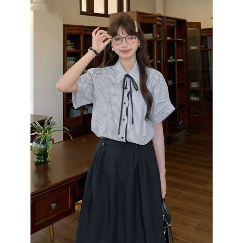韩系条纹宽松显瘦短袖衬衫女