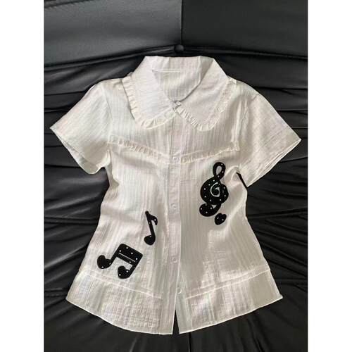夏季辣妹音符娃娃领修身短袖衬衫