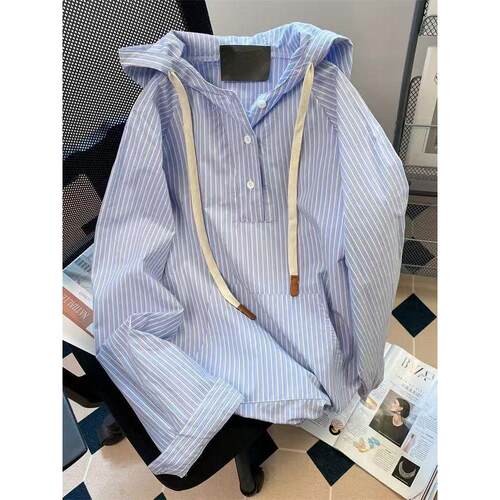 韩系通勤风蓝色条纹连帽衬衫女春夏宽松复古港风chic休闲衬衣上衣