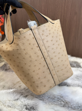 风衣灰进口鸵鸟皮菜篮子18包手提包全手工蜡线缝制可爱