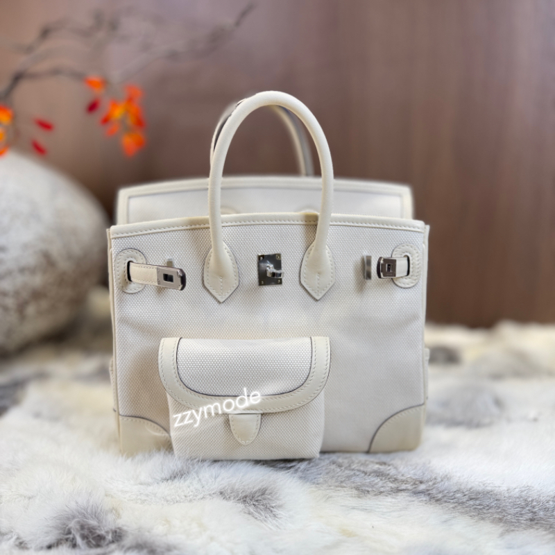 全手工蜡线进口帆布拼皮口袋铂金包25cm奶白色银扣手提包