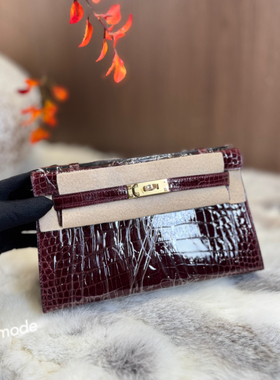 mini凯莉一代22cm 进口美洲鳄鱼皮波尔多酒红手工钉 纯手缝蜡线