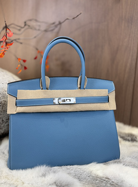 蜡线全手工铂金包30cm牛仔蓝蓝色银扣Togo小牛手提包单肩斜挎女包