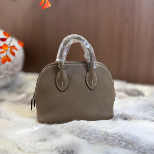 ZZYMODE 大象灰保龄球包包女斜挎真皮贝壳包高级感头层牛皮手提
