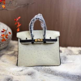 ZZYMODE蜡线全手缝鸵鸟皮铂金包25cm高光蜡线羊毛白拼黑色拉丝扣