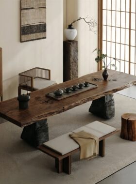玖作匠 新款侘寂风原木大板茶桌茶台风化民宿餐桌设计师石头茶室