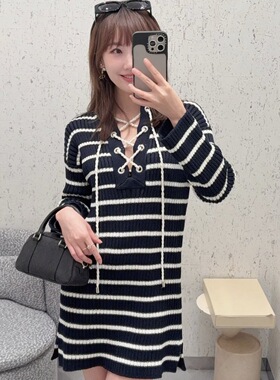2025新款高定条纹海军领连衣裙女高端女装字母提花条纹收腰针织裙