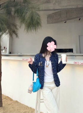 2025新款小香风蓝色粗花呢独特漂亮外套