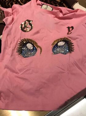 网红Ins超火粉色中长慵懒宽松套头圆领重工刺绣大眼睛亮片T恤女款