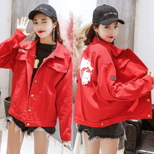 红色破洞牛仔外套女2019早春新款字母印花夹克韩版原宿bf百搭上衣