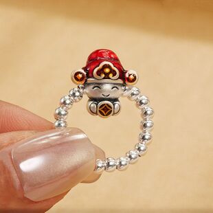 足银S999小财神戒指指环珠宝众设计银珠新年钻石彩色滴胶弹力