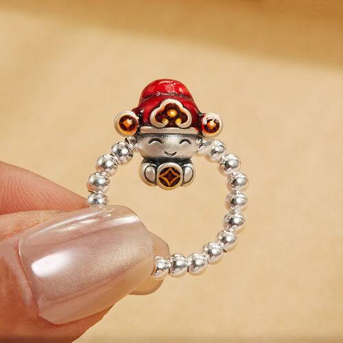 足银S999小财神戒指指环珠宝众设计银珠新年钻石彩色滴胶弹力