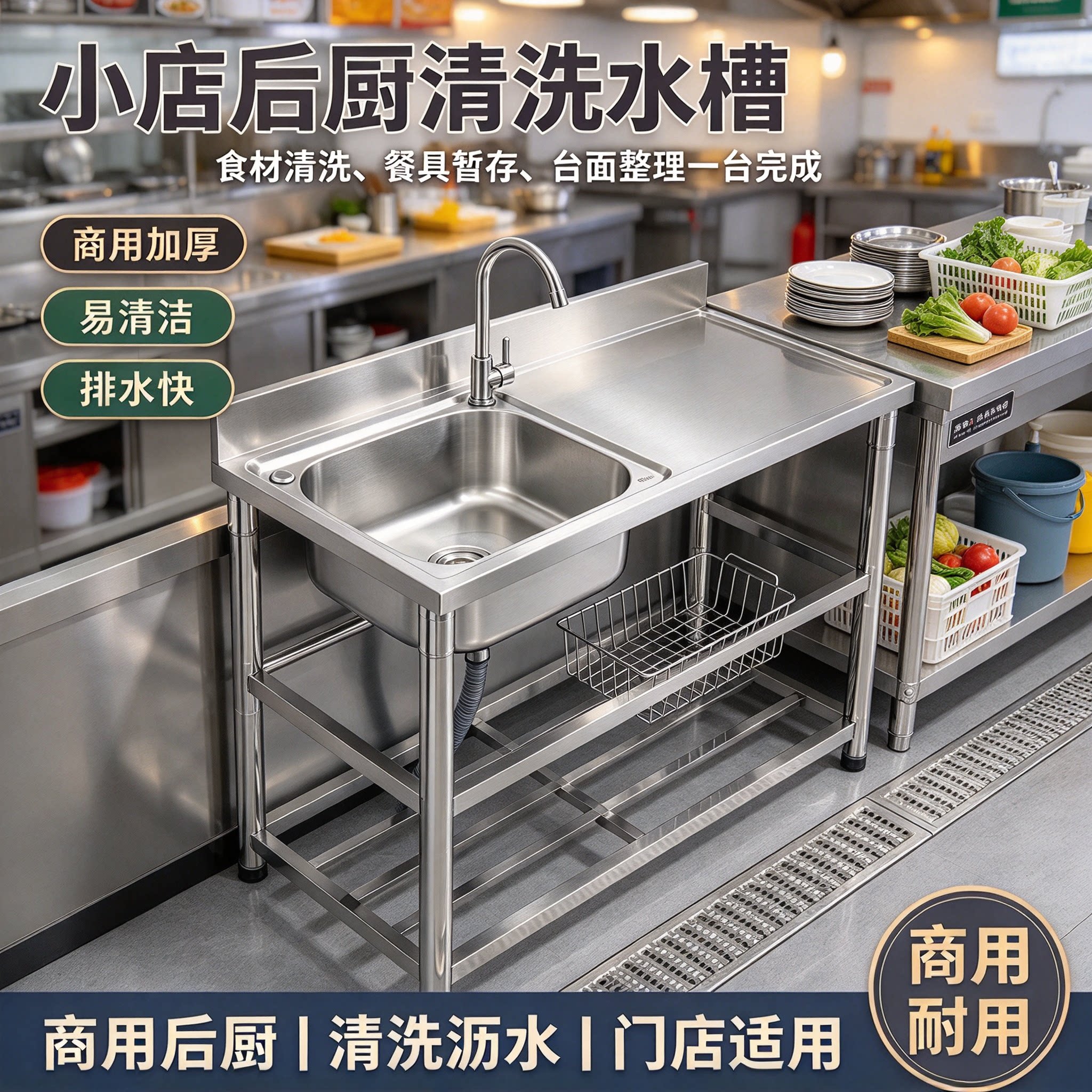 厨房一体台面不锈钢洗手盆单双槽