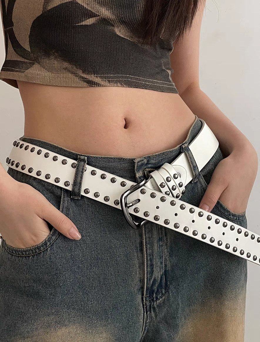 美式嘻哈皮带女宽腰带y2k腰带朋克风柳钉黑色百搭ins休闲裤带白色