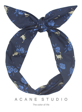 ACANE 藏蓝色玫瑰花小白猫文艺复古气质小清新法式打结宽发带头饰