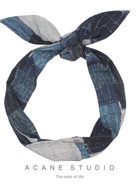 ACANE 雾蓝色牛仔拼布印花2024复古文艺气质小清新打结发带头饰品