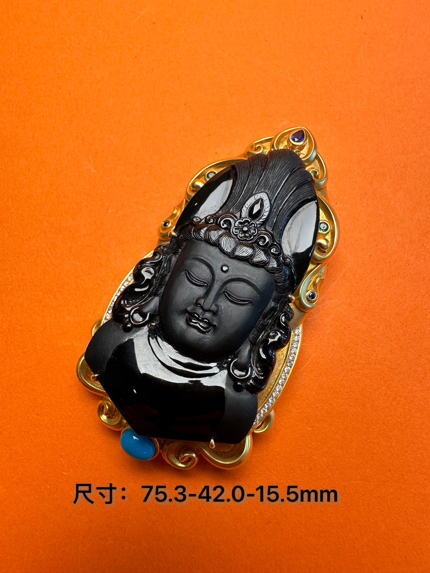 精品墨翠观音法相 高冰种翡翠吊坠 18k金镶嵌