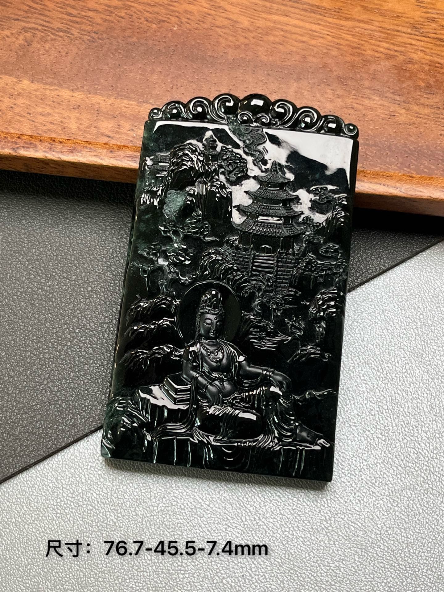 缅甸墨翠自在观音  翡翠山水观音吊坠 黑度好 打灯通透 油性十足