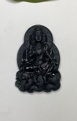 翡翠墨翠守护神普贤菩萨吊坠 黑度极黑 老坑高冰