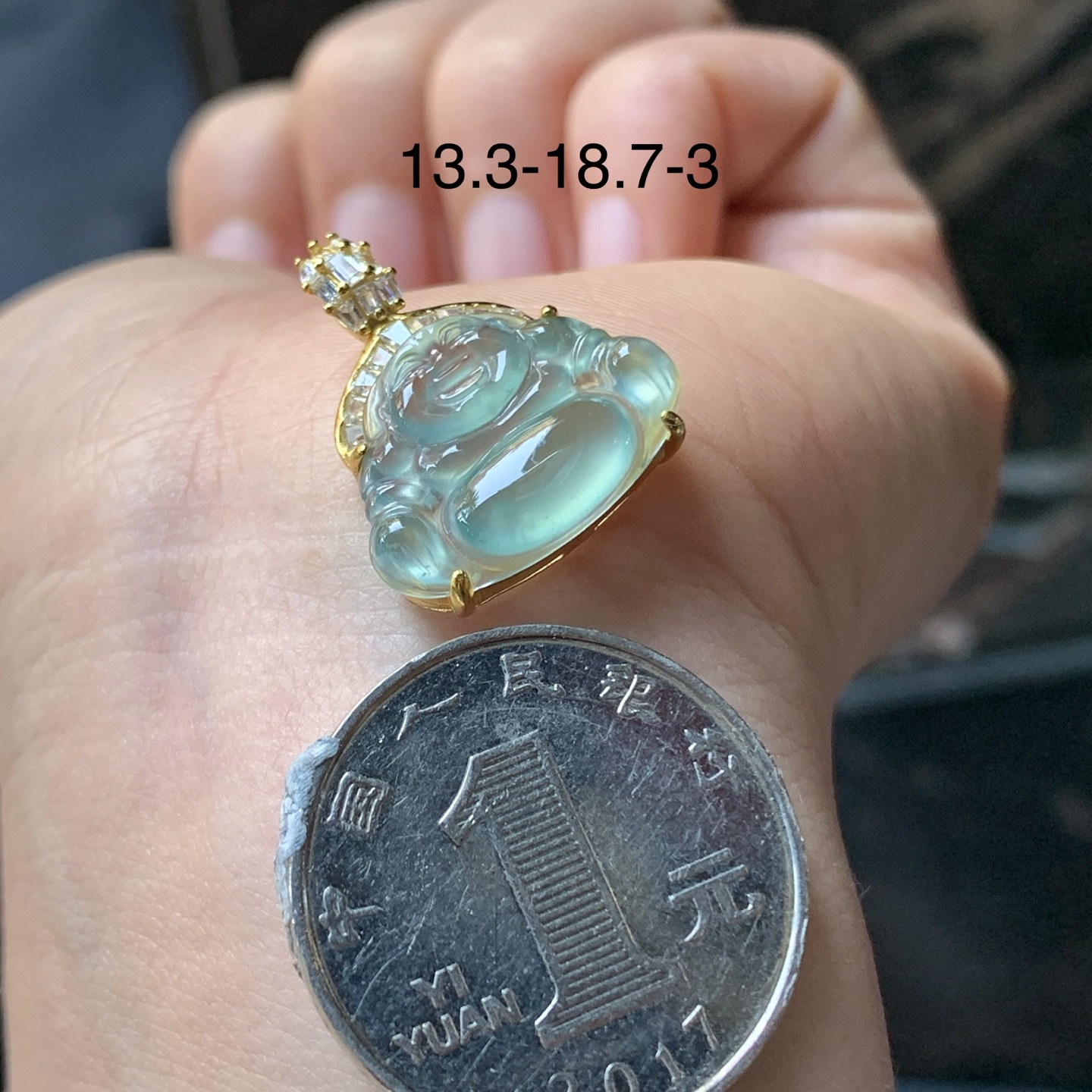 翡翠冰蓝佛公吊坠 925银镶嵌