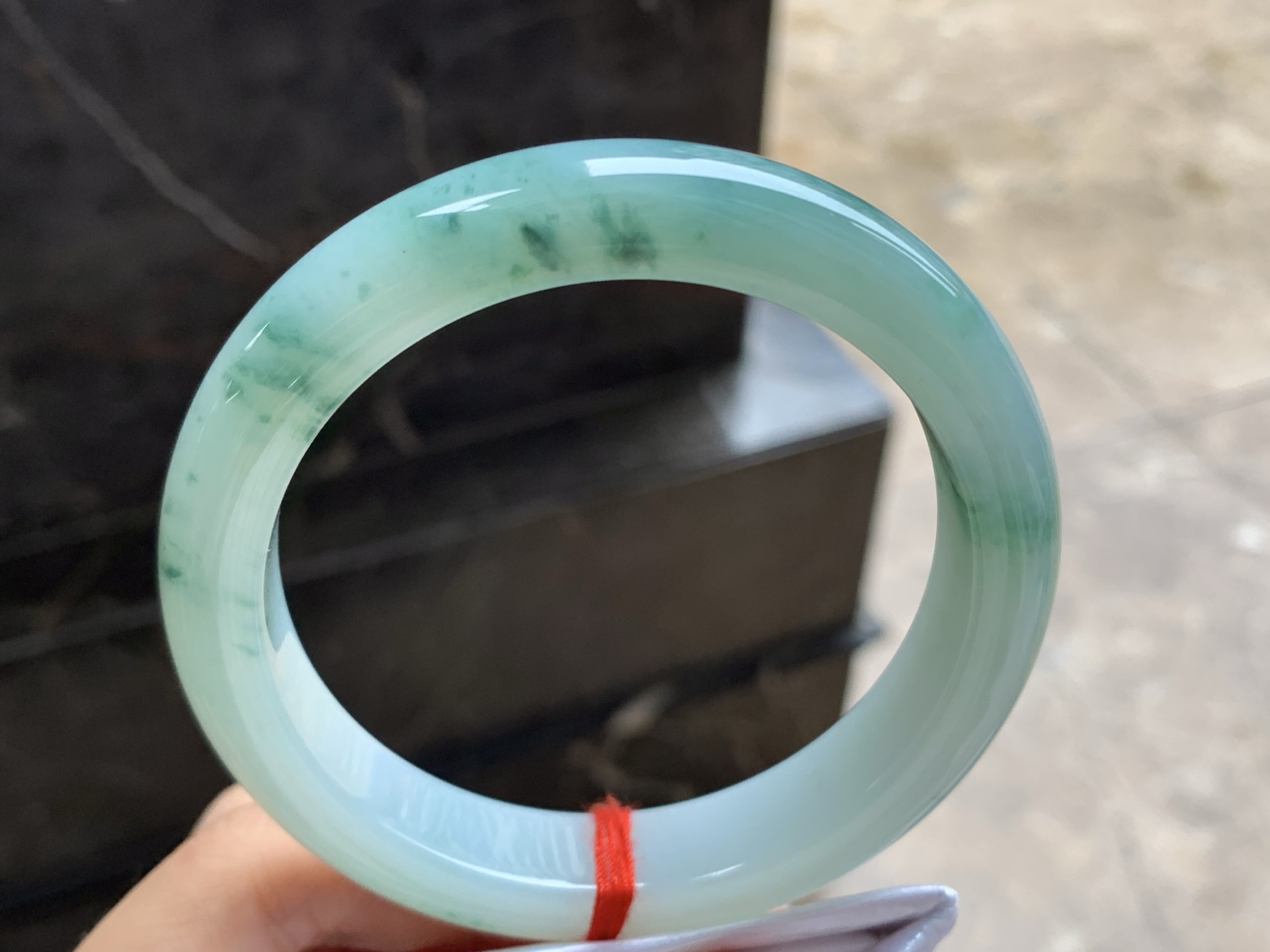 翡翠冰糯种蓝花手镯 圈口60