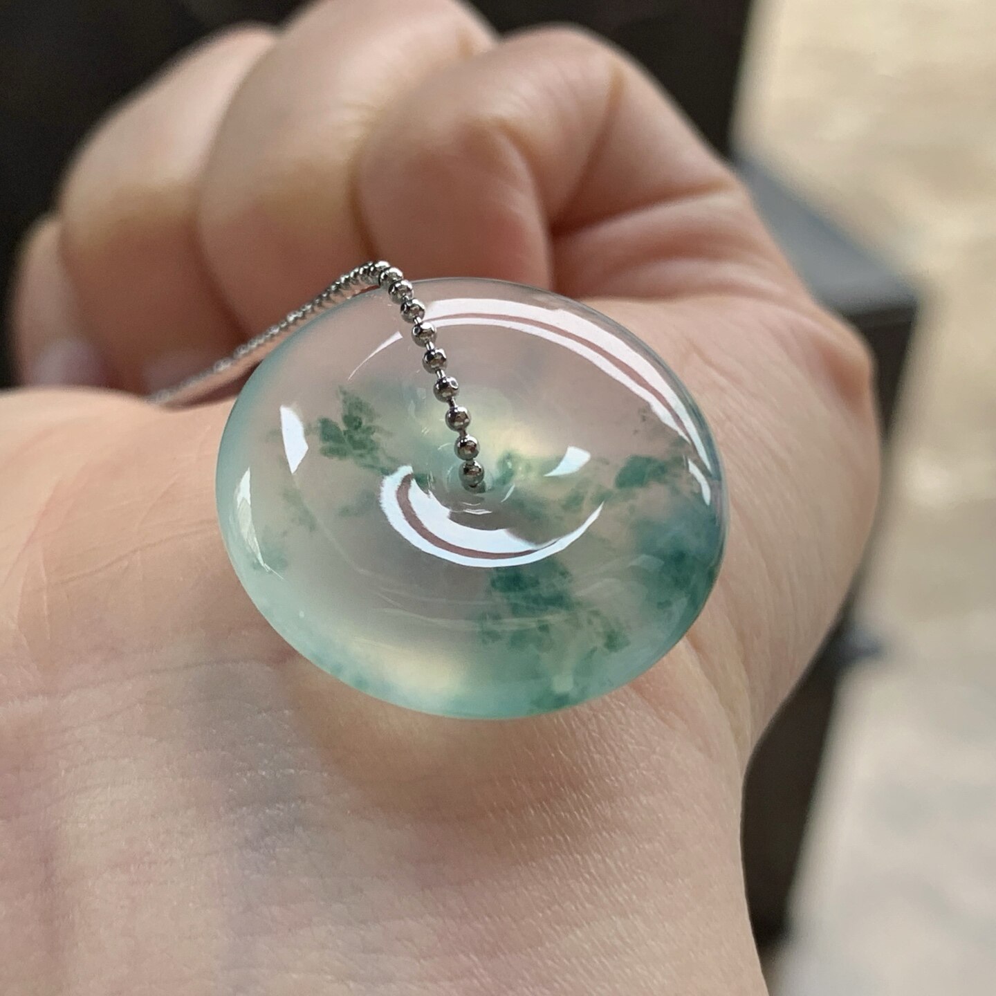 翡翠冰种蓝花平安扣 冰透起光 飘花灵韵