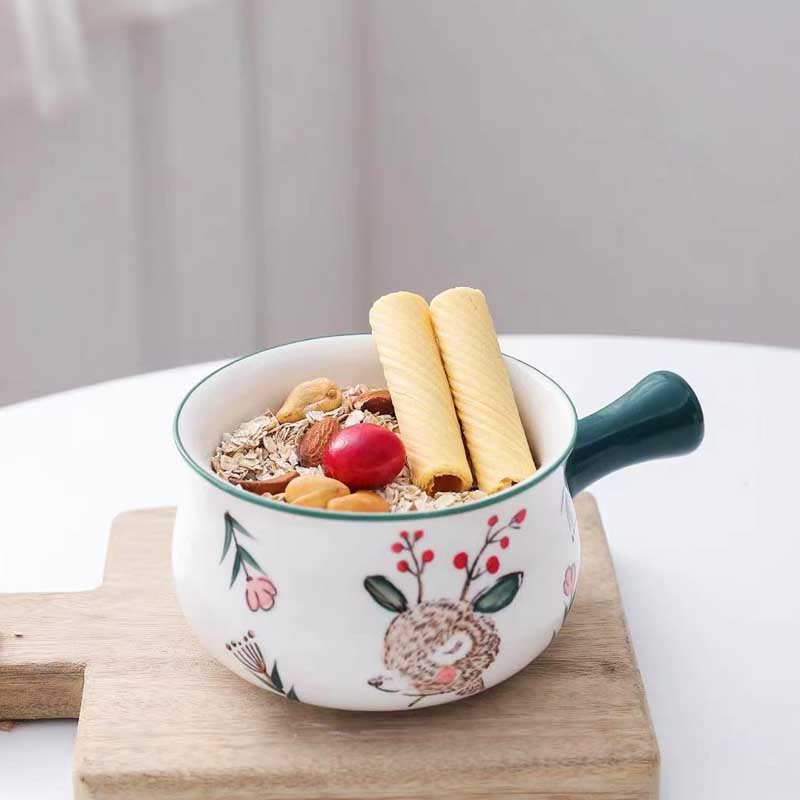 日式手柄碗陶瓷奶锅手绘创意泡面碗网红小鹿早餐碗釉下彩烘焙碗