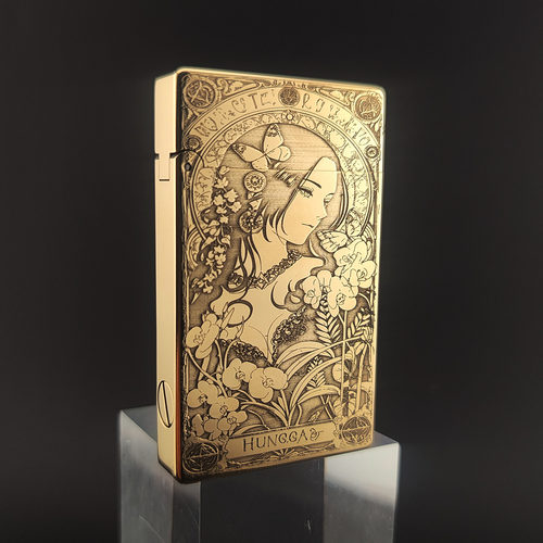 佐罗799纯黄铜超薄朗声煤油打火机私人定制精雕刻穆夏风格美女图