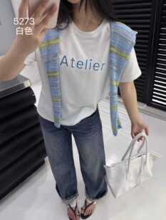 圆领常规百搭显瘦上衣配披肩 韩版 重工字母刺绣短袖 T恤女26夏新款
