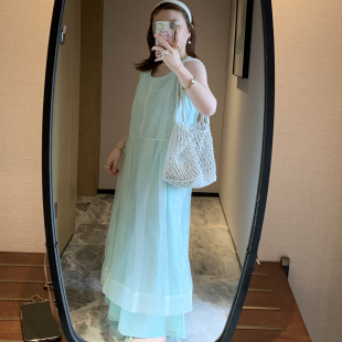 夏季小清新连衣裙绿色长裙网纱拼接海边度假韩版超仙背心长裙