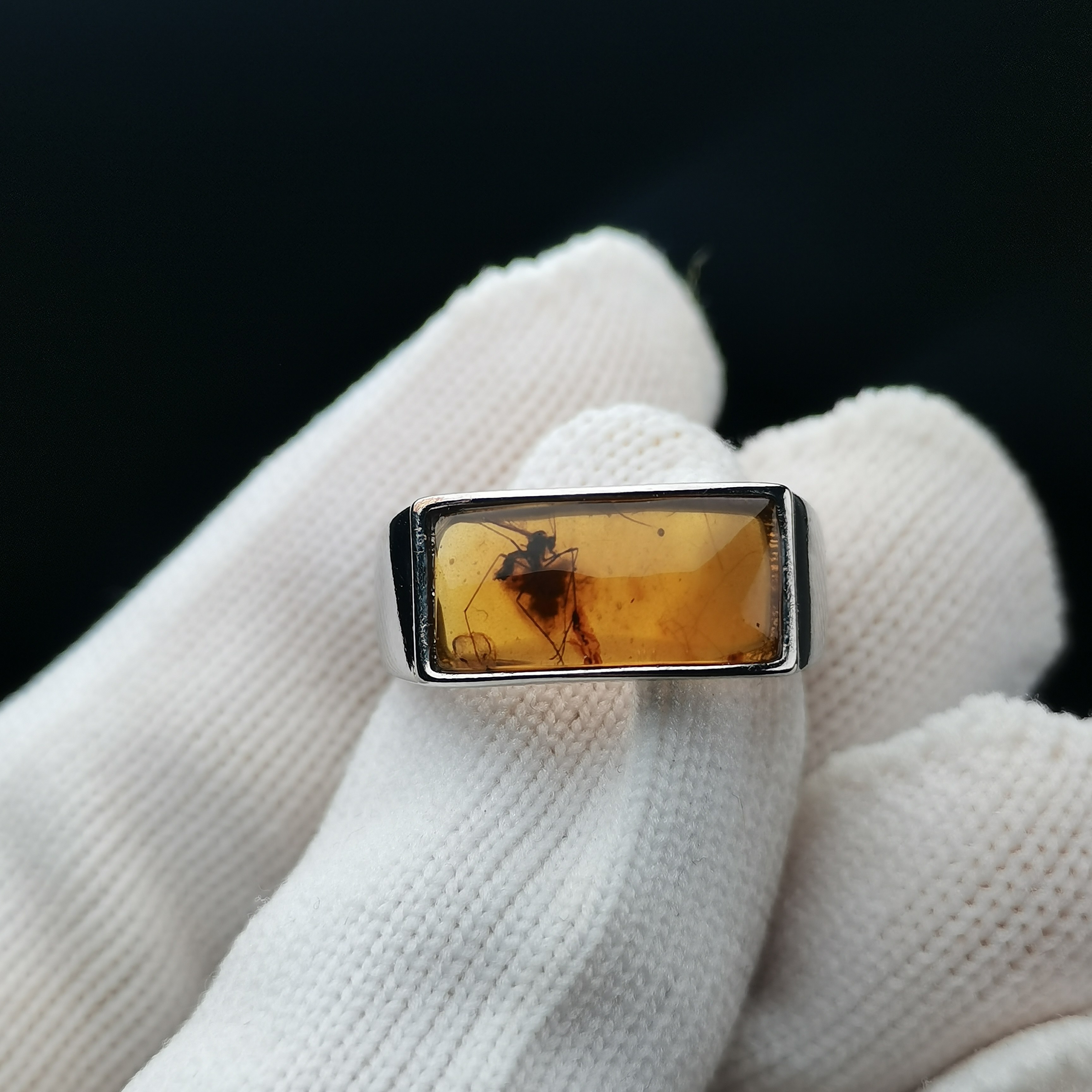 天然抚顺琥珀豆油黄虫珀植物戒指一眼虫活口男女款简约复古百搭