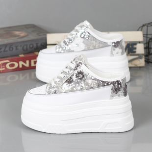 2026春夏小白鞋女厚底内增高10-12CM小个子无后跟懒人鞋半拖鞋女