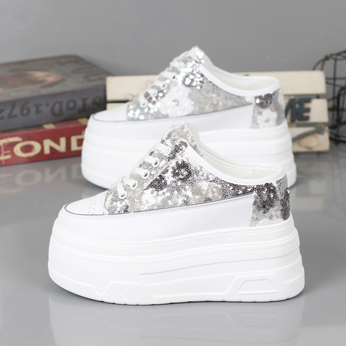 亮片厚底内增高10-12CM半拖鞋女