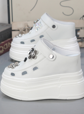 镂空透气洞洞鞋小白鞋厚底增高10-12CM小个子无后跟懒人鞋半拖鞋