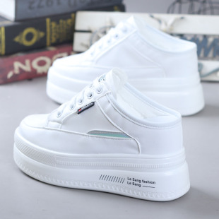 2025春季皮面小白鞋半拖鞋女厚底内增高8CM小个子无后跟懒人鞋女