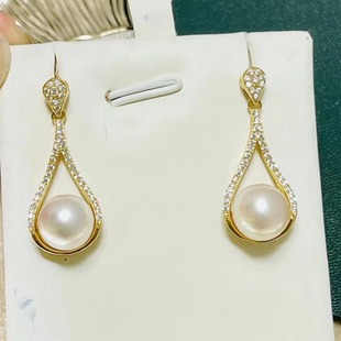 DIY配件天然珍珠S925纯银时尚 10mm圆扁 复古锆石水滴耳钉空托配9