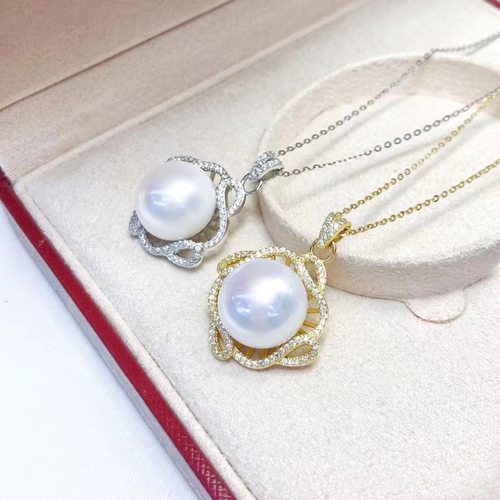 DIY配件天然珍珠S925纯银时尚新款饰品吊坠空托银饰配14-15mm圆扁