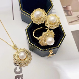 DIY珍珠配件S925纯银满镶锆石吊坠耳钉戒指三件套托配9 10mm圆扁