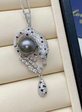 DIY配件S925K金工艺金钱豹吊坠配件珍珠纯银个性吊坠空托配10-13