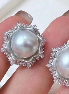 DIY配件天然珍珠S925纯银新款厚实遮瑕大珠耳钉空托配11-12mm圆扁